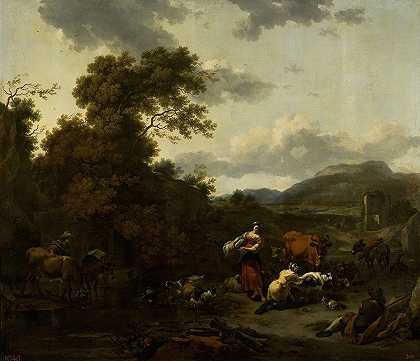 田园风光`Landscape with a pastoral scene by Nicolaes Pietersz. Berchem