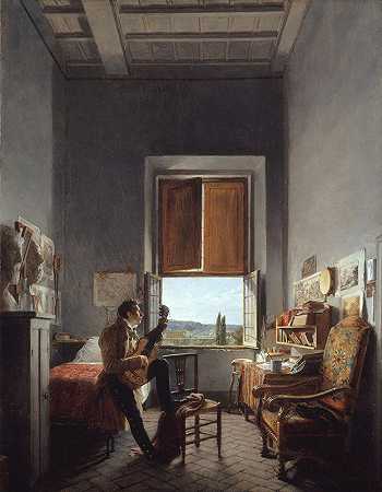 莱昂·帕利埃（1787-1820）在罗马梅迪奇别墅的房间里`Léon Pallière (1787–1820) in His Room at the Villa Medici, Rome (1817) by Jean Alaux