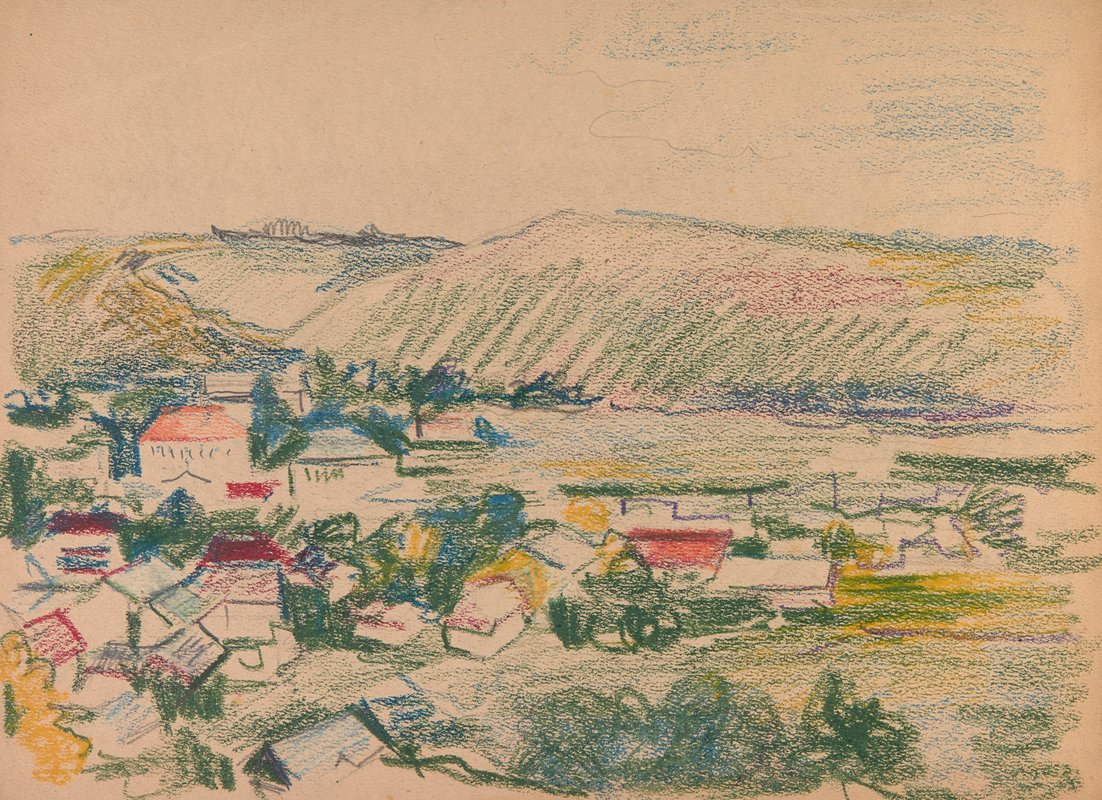 山上有房子的夏季景观`Letni pejzaż z domami pośród wzgórz (1915~1940) by Ivan Ivanec