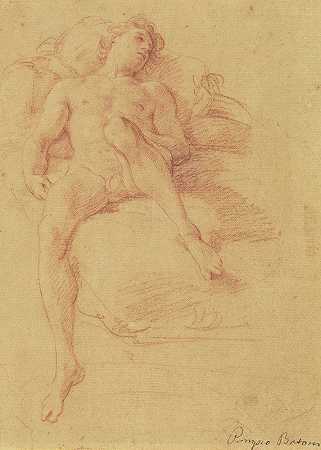 躺在床上的裸体男性`Male Nude Reclining on a Bed (c. 1745) by Pompeo Batoni