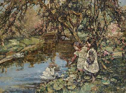 喂天鹅`Feeding The Swans (1912) by Edward Atkinson Hornel