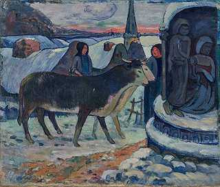 诞夜（牛的祝福）`Christmas Night (The Blessing Of The Oxen) (1902~1903) by Paul Gauguin 