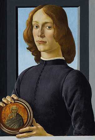 一个拿着圆领的年轻人的肖像`Portrait of a young man holding a roundel by Sandro Botticelli