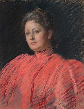艾比夫人的肖像，粉红色连衣裙，齐腰`Portrait of Mrs. Abbey in pink dress, waist length (1896) by Edwin Austin Abbey