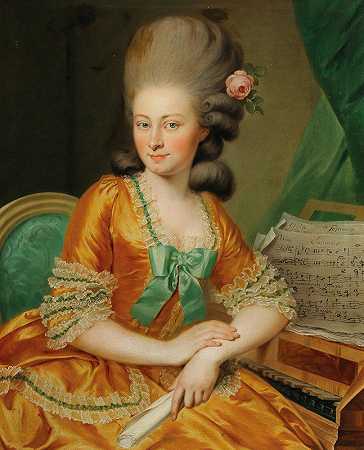 大键琴乐队歌手的肖像`Portrait Of A Singer At The Harpsichord by Georg Weikert