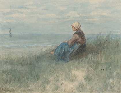 一个女人坐在沙丘上看着大海`Een vrouw zit op een duin naar zee te kijken (1834 1911) by Jozef Israëls
