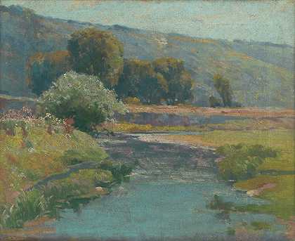 被洪水淹没的河流`Landscape with a flooded stream (1917) by Ľudovít Čordák