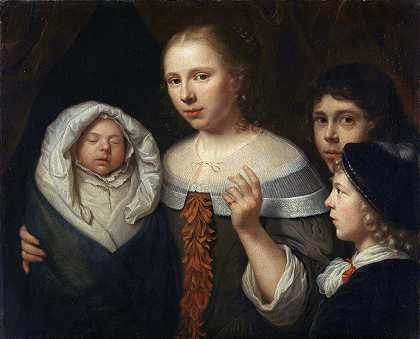 一位带着三个孩子的年轻女子的肖像`Portrait of a young woman with three children (1650 ~ 1677) by Wallerant Vaillant
