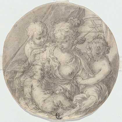 圣母玛利亚与基督之子，婴儿施洗约翰与另一个孩子（明爱）`The Madonna with the Christ Child, with the infant John the Baptist and another Child (Caritas) (1595~1605) by Abraham Bloemaert