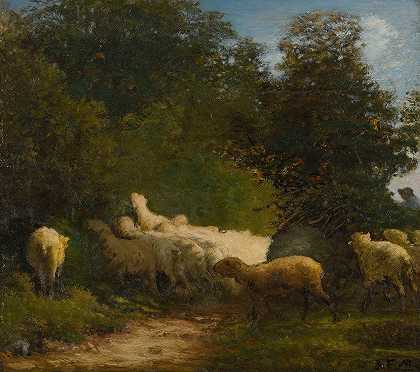 沿着篱笆吃草的羊`Sheep Grazing Along A Hedgerow by Jean-François Millet