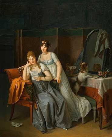 两位女士在室内读一封信，一条狗在长凳上对着镜子`Two Ladies In An Interior Reading a Letter, With a Dog On a Bench Looking Into a Mirror by Marguerite Gérard