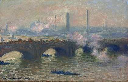 滑铁卢桥，灰蒙蒙的一天`Waterloo Bridge,Gray Day (1903) by Claude Monet