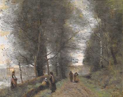 维尔d阿芙瑞，池塘边的林地小径`Ville dAvray, Woodland Path Bordering the Pond (1872) by Jean-Baptiste-Camille Corot