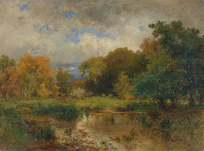 伦登堡附近的河流景观`River Landscape Near Lundenburg by Eduard Peithner von Lichtenfels