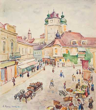 特伦钦，城市一部分的景观`Trenczyn – widok fragmentu miasta (1944) by Ivan Ivanec