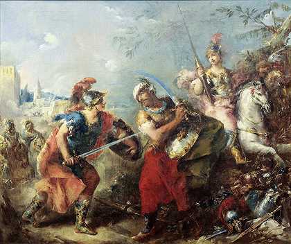 以克洛林达为背景的坦克里德和阿甘特之间的战斗`The Fight between Tancred and Argante With Clorinda in the Background (1714 – 1760) by Giovanni Antonio Guardi