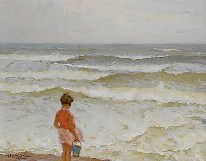 女孩`Girl by the seashore by the seashore by Charles Atamian
