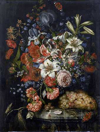鲜花和水果的静物画`Still Life with Flowers and Fruit (1671) by Ottmar Elliger