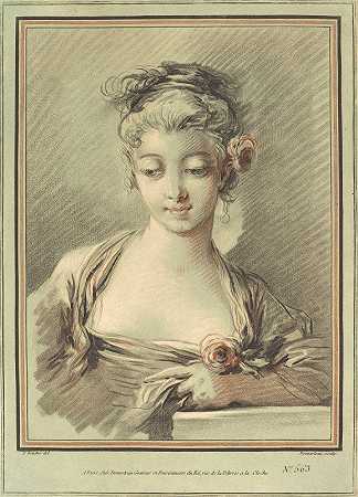 拿着玫瑰的年轻女子`Young Woman with a Rose (c. 1776) by Gilles Demarteau the Elder