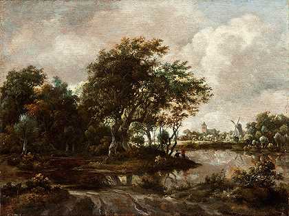 钓鱼者和遥远城镇的风景`Landscape with Anglers and a Distant Town (circa 1664~1665) by Meindert Hobbema