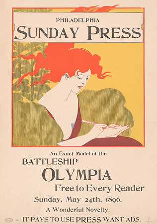 1896年5月24日星期日，每一位读者都可以免费获得奥林匹亚号战舰的精确模特。`An exact model of the battleship Olympia free to every reader, Sunday , May 24th, 1896. (1896) by George Reiter Brill