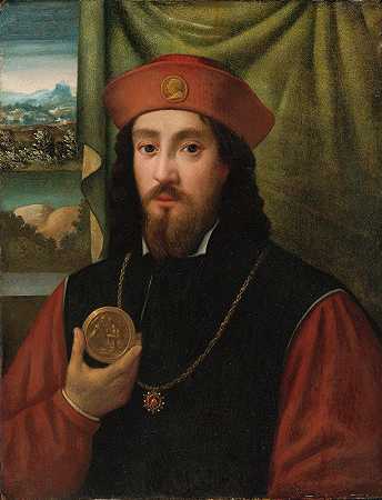 一个拿着奖牌的男人的肖像`Portrait Of A Man Holding A Medal by Bartolomeo Veneto