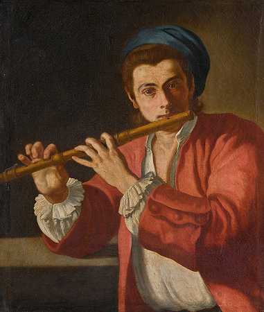 吹长笛的年轻人`A young man playing a flute by Gaspare Traversi