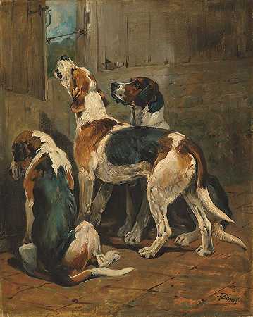 猎狐犬在狗窝门口`Foxhounds at a kennel door by John Emms
