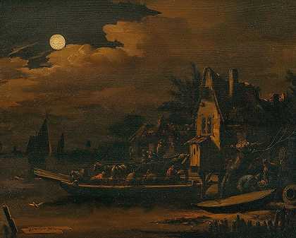 一个夜间河流景观与渡船`A nocturnal river landscape with a ferry boat by Egbert van der Poel
