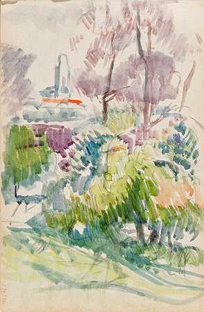 风景、灌木丛、树木和塔楼、素描`Maisema, pensaita, puita ja torni, luonnos (1910 ~ 1913) by Magnus Enckell