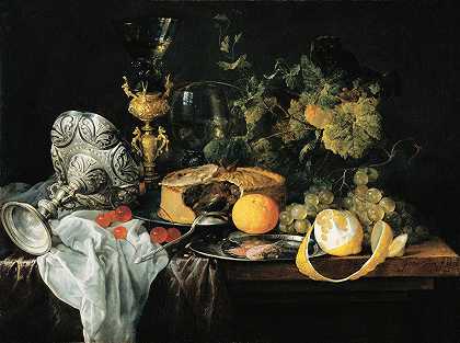 水果、馅饼和高脚杯的奢华静物`Sumptuous Still Life With Fruits, Pie And Goblets (1651) by Jan Davidsz de Heem