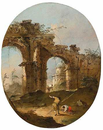 一座废弃的拱门旁有人物的建筑随想曲`An Architectural Capriccio With Figures By A Ruined Arch by Francesco Guardi
