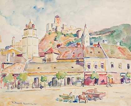 特伦钦，这座城市的一部分和一座城堡山的景色`Trenczyn – widok fragmentu miasta ze wzgórzem zamkowym (1944) by Ivan Ivanec