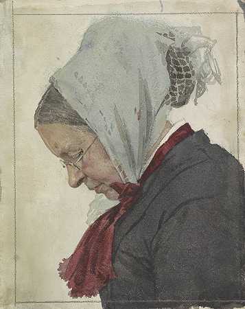 戴头巾和红围巾的老妇人`Oude vrouw met hoofddoek en rode sjaal (1874 1925) by Jan Veth
