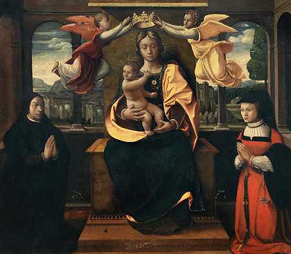 圣母与孩子，加冕`The Madonna and Child, crowned by two angels and flanked by two donors by two angels and flanked by two donors by Manner of Vincenzo Foppa