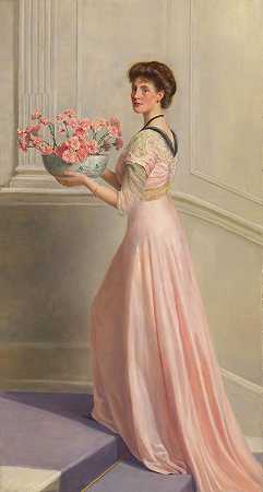 一位穿着粉色衣服的女士手持一碗粉色康乃馨的肖像`Portrait of a lady in pink carrying a bowl of pink carnations by John Collier