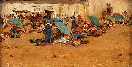 蓝色雨伞的匈牙利市场`Ungarischer Markt mit blauen Schirmen (1874) by August von Pettenkofen