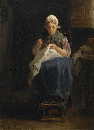 一个做针线活的农家女孩`A peasant girl sewing by Jozef Israëls