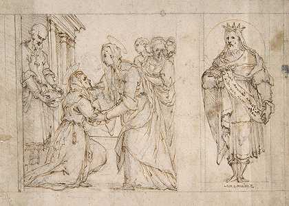 圣母玛利亚对圣伊丽莎白的探视所罗门国王坐在左边的壁龛里。`The Visitation of the Virgin to Saint Elizabeth; King Solomon in a Niche at Left. (1510–85) by Carlo Urbino