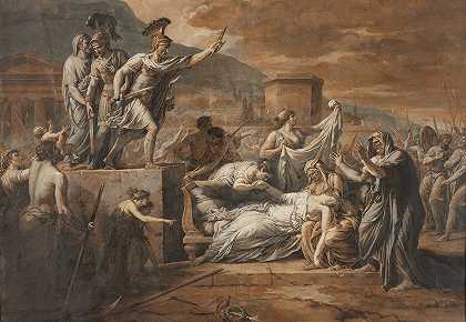 库里亚蒂战败后，霍拉提乌斯杀害了他的妹妹卡米拉`Horatius Slaying his Sister Camilla after the Defeat of the Curiatii (c. 1790) by Etienne Barthélemy Garnier