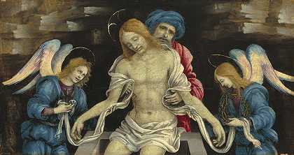 死去的基督哀悼`Pietà (The Dead Christ Mourned by Nicodemus and Two Angels) (c. 1500) by Nicodemus and Two Angels) by Filippino Lippi