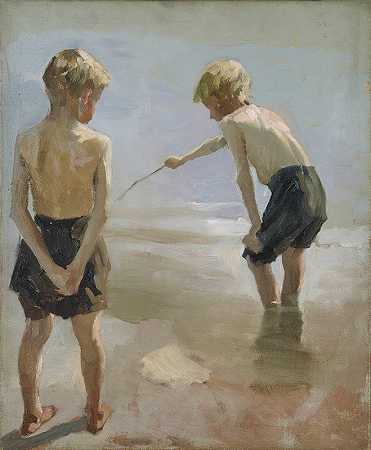 为在岸上玩耍的男孩们学习`Study for the Boys Playing on the Shore (1884) by Albert Edelfelt