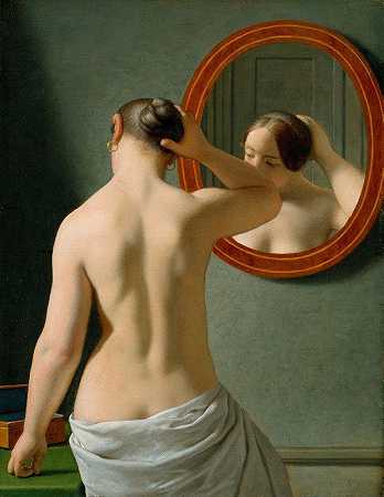 一个裸体女人对着镜子做头发`A Nude Woman Doing Her Hair Before A Mirror (1841) by Christoffer Wilhelm Eckersberg