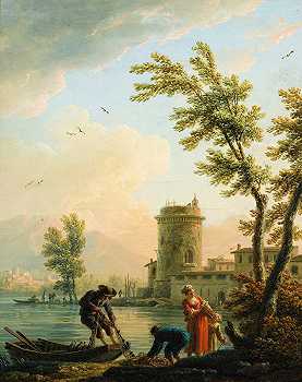出时的渔民`Fishers at sunrise by Claude-Joseph Vernet 
