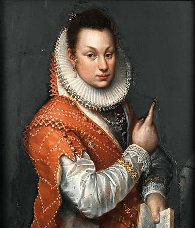 一位戴着头巾的女士的肖像，左手拿着一本书`Portrait Of A Lady Wearing A Ruff, Holding A Book In Her Left Hand by Lavinia Fontana