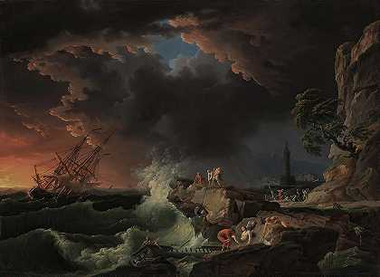 有人上岸的沉船`A shipwreck with figures coming ashore by Claude-Joseph Vernet