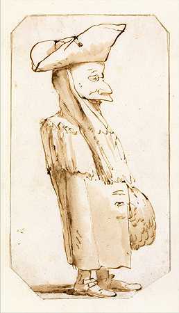 漫画中一个戴着面具和三轮车的男人，侧面站在左边`Caricature of a Man in a Mask and a Tricorne, Standing in Profile to the Left (1760) by Giovanni Battista Tiepolo