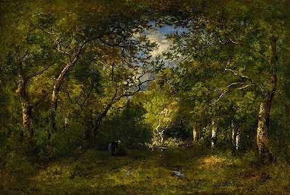 森林里的过道，伐木工人弯曲着身子，脚步声水`Allée En Forêt, Bûcheronne Courbée Sous Le Poids De Son Fagot, Traces Deau (1869) by Narcisse-Virgile Diaz de La Peña