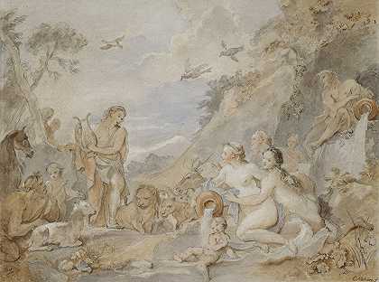 俄耳甫斯迷人的仙女，仙人掌和动物`Orpheus Charming the Nymphs, Dryads, and Animals (1757) by Charles-Joseph Natoire