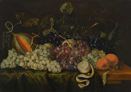 葡萄藤上挂着红、黑、绿葡萄，还有橙子的静物画`Still Life With Red, Black And Green Grapes On The Vine, Together With Oranges by Jacob Marrel
